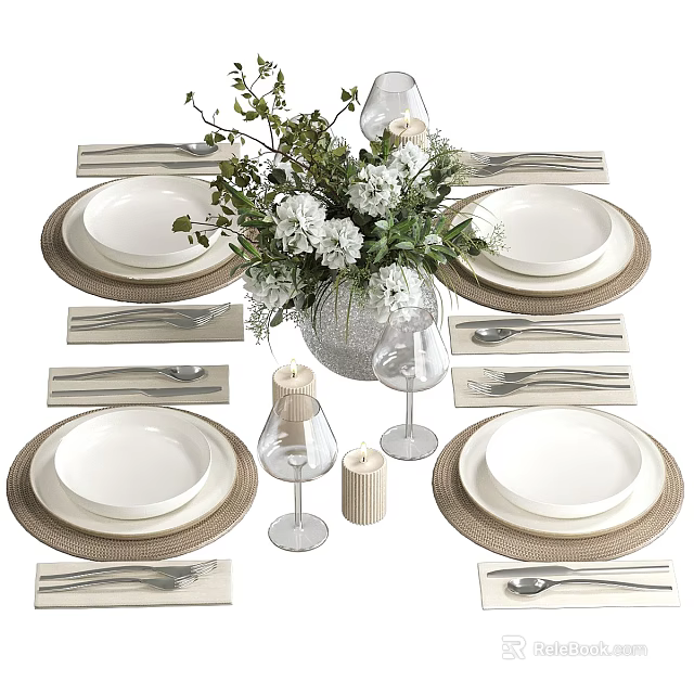 Elegant Dinnerware Set With White Plates Woven Placemats Cutlery Wine Glasses And Floral Vase 3d model 