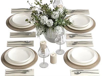 Elegant Dinnerware Set With White Plates Woven Placemats Cutlery Wine Glasses And Floral Vase 3d model