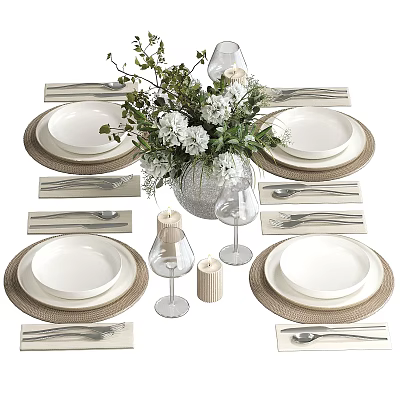 Elegant Dinnerware Set With White Plates Woven Placemats Cutlery Wine Glasses And Floral Vase 3d model