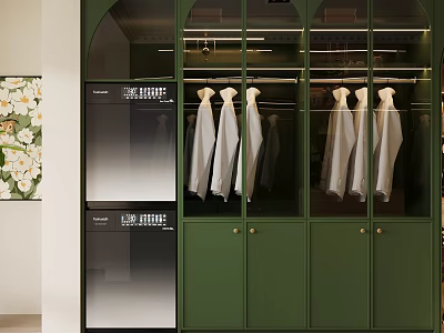 Elegant Walk in Closet Interior With Green Cabinets Glass Doors And Hanging White Shirts 3d model