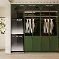 Elegant Walk in Closet Interior With Green Cabinets Glass Doors And Hanging White Shirts