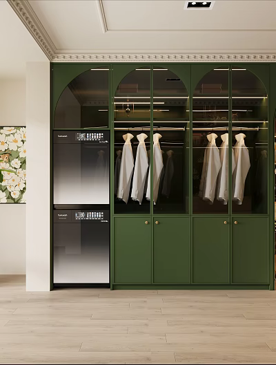 Elegant Walk in Closet Interior With Green Cabinets Glass Doors And Hanging White Shirts 3d model
