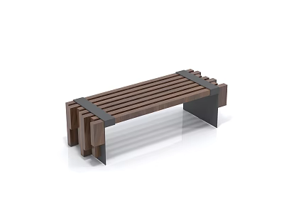 Modern Wooden Slat Bench with Black Metal Frame and Minimalist Design 3d model