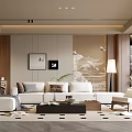 Modern Living Room Interior Design With White Sofa Wooden Accents Decorative Paintings And Floor Lamp
