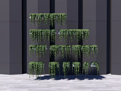 Hanging Basket Plants Vertical Arrangement On Modern Building Wall With Lush Greenery 3d model