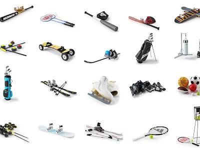 Diverse Sports Equipment Collection With Tennis Rackets Skis Golf Clubs Ice Skates And Balls 3d model