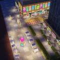 Vibrant Illuminated Commercial Street With Shops Pedestrians Colorful Pavement And Decorative Plaza