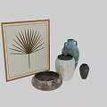 Decorative Ornament Set with Gold Framed Art Ceramic Vases Lidded Jar and Metallic Bowl