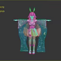 Game Movie Character With Rabbit Ears Red Skin White Hair Blue Kimono And Yellow Skirt