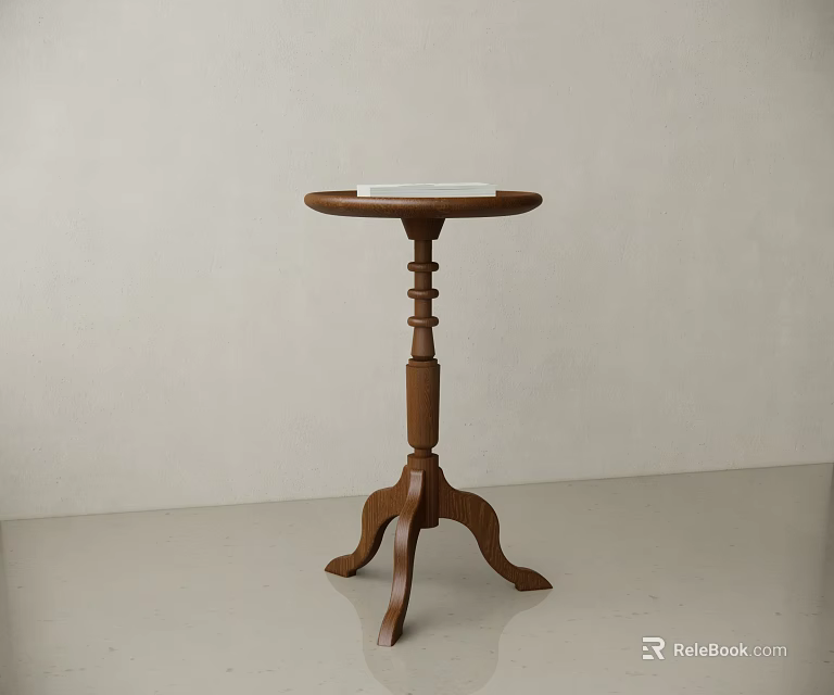 Wooden Side Table With Round Top Decorative Pedestal And Three Curved Legs 3d model 