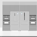 Modern Gray Cabinets With Central Double Door Refrigerators Flanked By Built in Ovens And Drawers