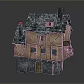 Traditional Medieval Cottage With Timber Frame Stone Base Gray Tiled Roof And Chimney