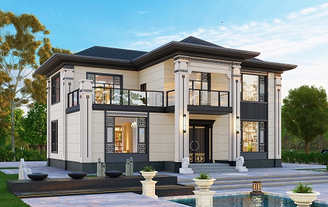 New Chinese Style Single-family Villa Two-storey Single-family Villa Architectural Appearance 3d model