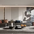 Modern Living Room Interior Design With Black Leather Sofa Coffee Table And Abstract Painting