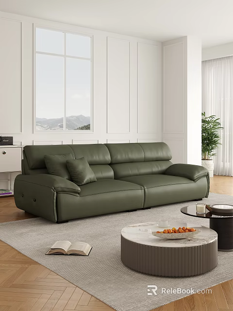 Green Leather Two Seater Sofa in Modern Living Room with Window View and Plant 3d model 