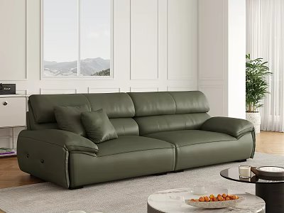Green Leather Two Seater Sofa in Modern Living Room with Window View and Plant 3d model
