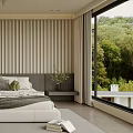 Modern Bedroom with Vertical Slat Wall Large Window Green View Grey Bed Linen Rug