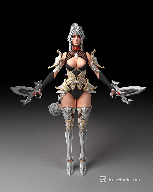 Fantasy Woman With Long Hair Wearing Ornate Metallic Armor And Wielding Dual Swords 3d model 