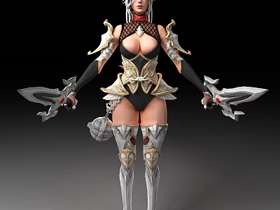 Fantasy Woman With Long Hair Wearing Ornate Metallic Armor And Wielding Dual Swords 3d model