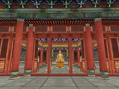 Ancient Chinese Architecture with Red Pillars and Carved Wooden Doors Revealing Golden Buddha Statue Inside 3d model