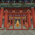 Ancient Chinese Architecture with Red Pillars and Carved Wooden Doors Revealing Golden Buddha Statue Inside
