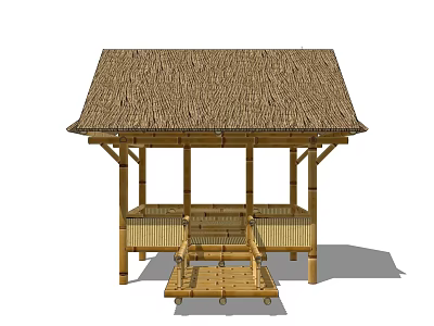 Traditional Bamboo Pavilion With Thatch Roof And Bamboo Structure Outdoor Seating Area 3d model
