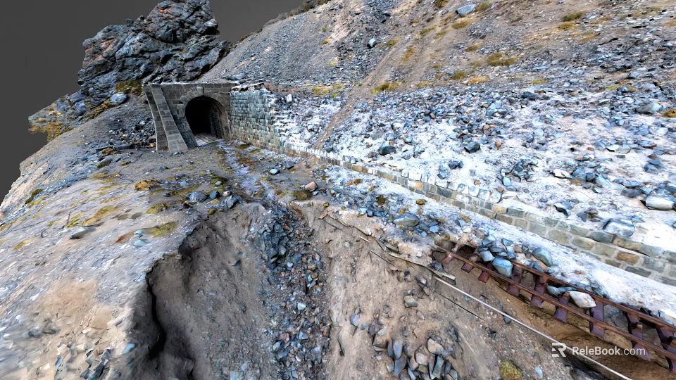 Stone Tunnel Entrance in Mountainous Terrain With Rocks Snow Patches and Slope Path 3d model 