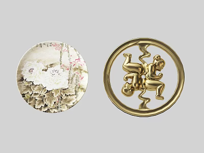 Chinese Style Decorative Ornament Set Featuring Floral Peony Pattern And Golden Metallic Circular Design 3d model