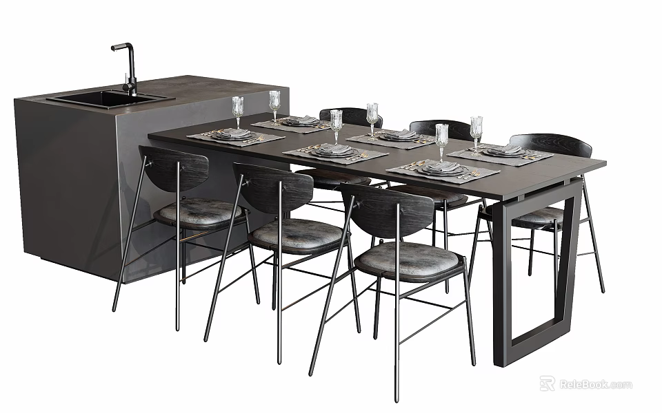 Modern Black Dining Table Set With Matching Chairs And Tableware For Dining Room 3d model