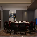 Elegant Modern Private Dining Room Interior With Round Table Red Chairs Sofa And Large Windows 3d model