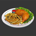 Crispy Fried Chicken With Golden French Fries And Red Sauce On Plate With Lettuce