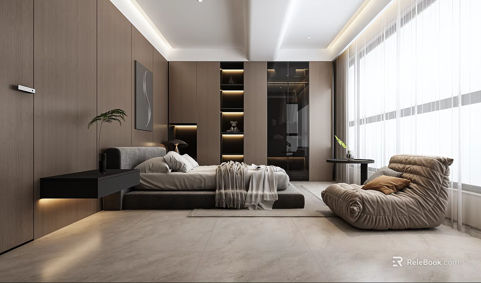 Modern Bedroom Interior With Wooden Walls Large Bed Lit Shelves And Floor to Ceiling Windows 3d model 