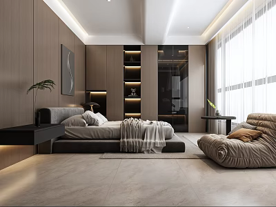 Modern Bedroom Interior With Wooden Walls Large Bed Lit Shelves And Floor to Ceiling Windows 3d model
