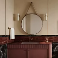 Modern Bathroom Interior With Round Mirror Wall Sconces And Marble Vanity