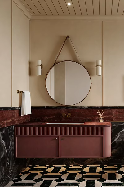 Modern Bathroom Interior With Round Mirror Wall Sconces And Marble Vanity 3d model