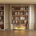 Elegant Modern Bookcase With Fireplace Books Decorative Ornaments And Gold Accents