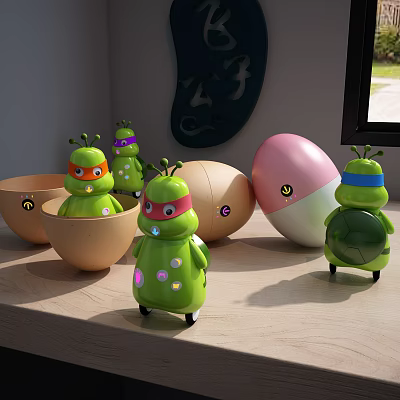 Green Dolls With Headbands Round Bodies And Egg Toys With Smiley Faces On Light Table 3d model
