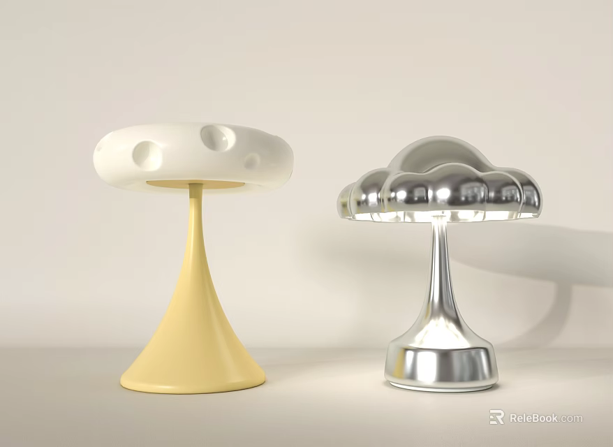 Modern White Mushroom and Silver Cloud Shaped Table Lamps with Yellow Base Design 3d model 