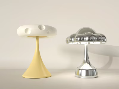 Modern White Mushroom and Silver Cloud Shaped Table Lamps with Yellow Base Design 3d model