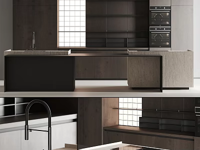 Modern Kitchen With Dark Wood Cabinets Island Counter And Built in Oven 3d model