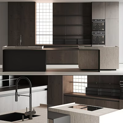 Modern Kitchen With Dark Wood Cabinets Island Counter And Built in Oven 3d model