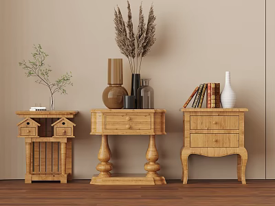 Wooden Nightstands Topped with Dried Plants Vase Books and Unique Designs 3d model