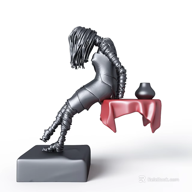 Black Metallic Human Shaped Decorative Ornament Set With Red Table And Black Vase 3d model 