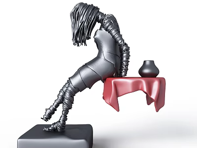 Black Metallic Human Shaped Decorative Ornament Set With Red Table And Black Vase 3d model