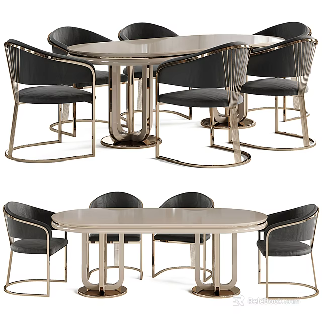 Modern Round And Oval Dining Table Set With Black Chairs And Metal Frame Design 3d model 