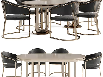 Modern Round And Oval Dining Table Set With Black Chairs And Metal Frame Design 3d model