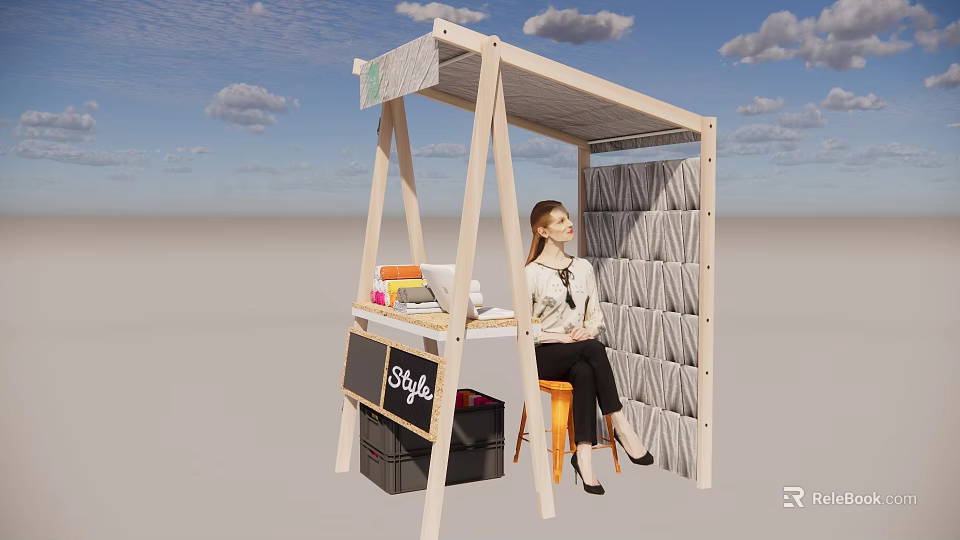 Wooden Style Booth With Blackboard And Woman Sitting On Orange Chair Under Blue Sky 3d model 