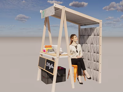 Wooden Style Booth With Blackboard And Woman Sitting On Orange Chair Under Blue Sky 3d model