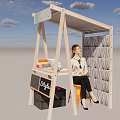 Wooden Style Booth With Blackboard And Woman Sitting On Orange Chair Under Blue Sky