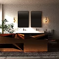 Modern Bathroom Vanity Cabinet With Gray Golden Design Double Mirrors Wall Lamps And Potted Plant